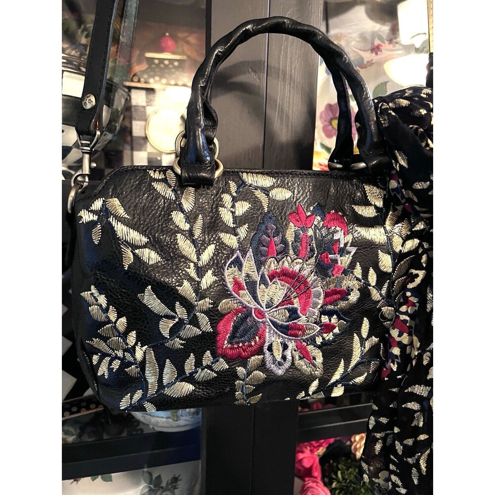 Patricia Nash Angelin BLACK Leather Satchel purse Matching Scarf  EMBROIDERED! - Picture 2 of 16